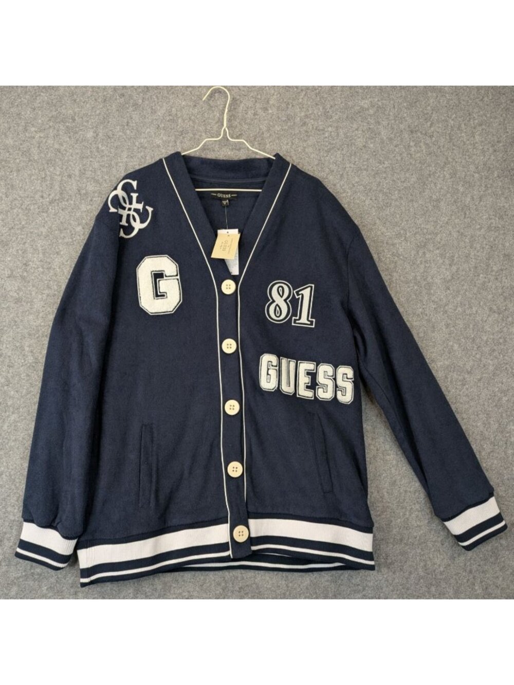 GUESS Womens Medium Navy Blue Fleece Varsity Cardigan Raquelle Button NWT